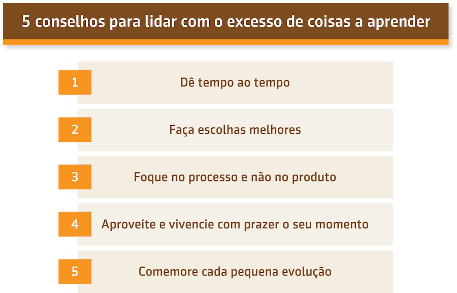 Resumo da aula sobre 5 conselhos para lidar com o excesso de coisas a aprender